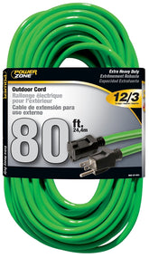 PowerZone Extension Cord, 12 AWG Cable, 80 ft L, 15 A, 125 V, Neon Green